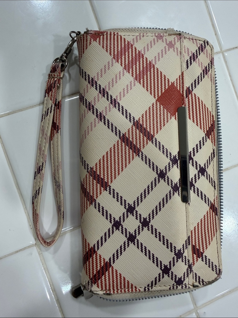 Wristlet Wallet - Cream Plaid Zip Clutch